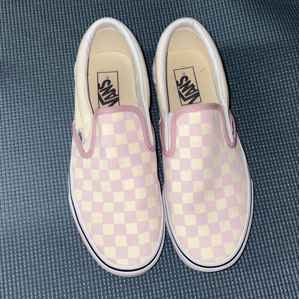 Vans Cream and Pink Checkered Slip-On Sneakers